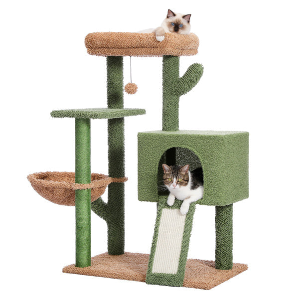 Cactus Cat Tree Cat Tower with Sisal Covered Scratching Post and Cozy Condo Cat Climbing Stand with Plush Perch &Soft Hammock for Indoor Cats