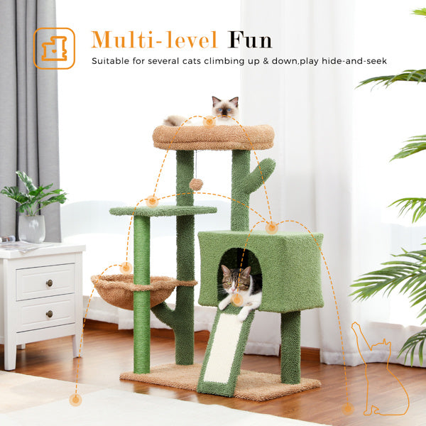 Cactus Cat Tree Cat Tower with Sisal Covered Scratching Post and Cozy Condo Cat Climbing Stand with Plush Perch &Soft Hammock for Indoor Cats