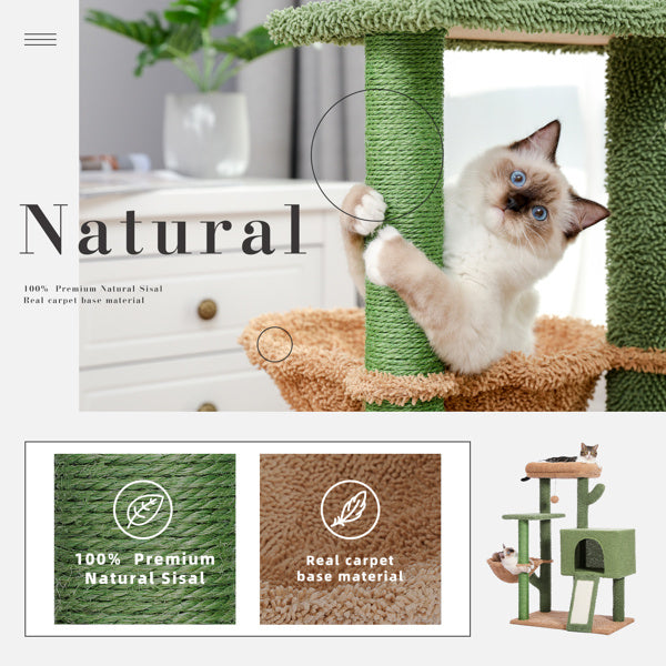 Cactus Cat Tree Cat Tower with Sisal Covered Scratching Post and Cozy Condo Cat Climbing Stand with Plush Perch &Soft Hammock for Indoor Cats