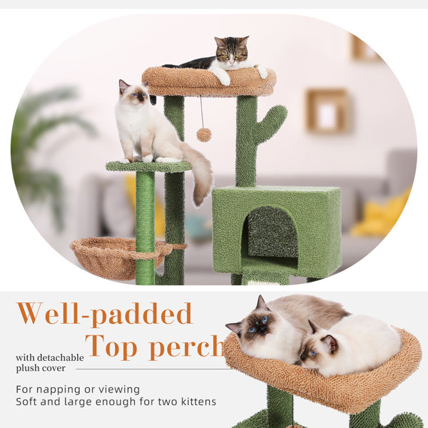 Cactus Cat Tree Cat Tower with Sisal Covered Scratching Post and Cozy Condo Cat Climbing Stand with Plush Perch &Soft Hammock for Indoor Cats