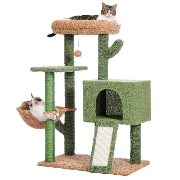 Cactus Cat Tree Cat Tower with Sisal Covered Scratching Post and Cozy Condo Cat Climbing Stand with Plush Perch &Soft Hammock for Indoor Cats