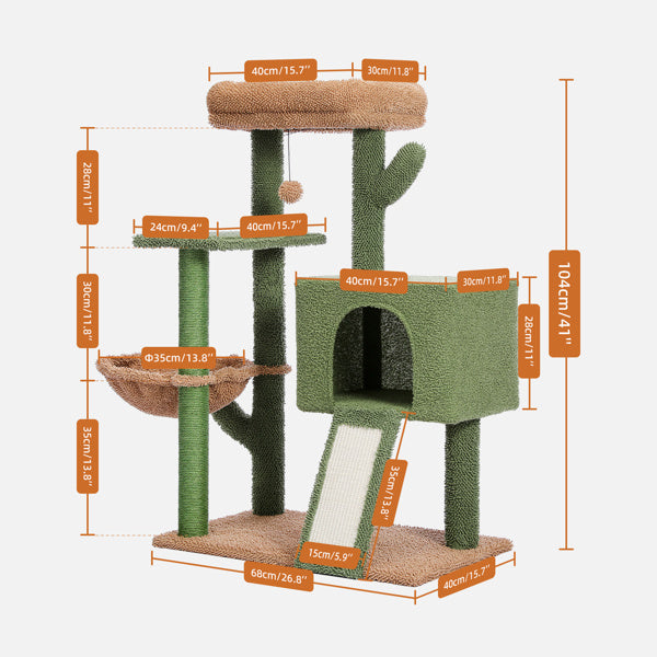 Cactus Cat Tree Cat Tower with Sisal Covered Scratching Post and Cozy Condo Cat Climbing Stand with Plush Perch &Soft Hammock for Indoor Cats