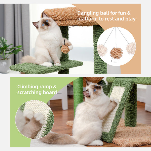Cactus Cat Tree Cat Tower with Sisal Covered Scratching Post and Cozy Condo Cat Climbing Stand with Plush Perch &Soft Hammock for Indoor Cats
