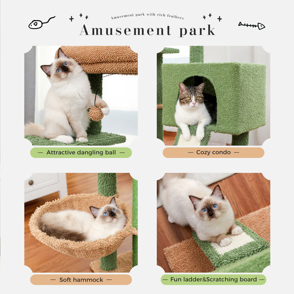 Cactus Cat Tree Cat Tower with Sisal Covered Scratching Post and Cozy Condo Cat Climbing Stand with Plush Perch &Soft Hammock for Indoor Cats